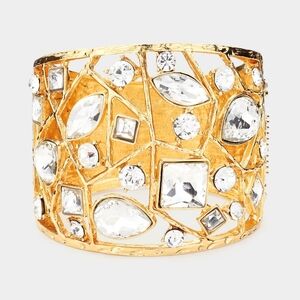 Gold Wide Crystal Metal Multi Stone Hinged Style Chunky Cuff Bracelet